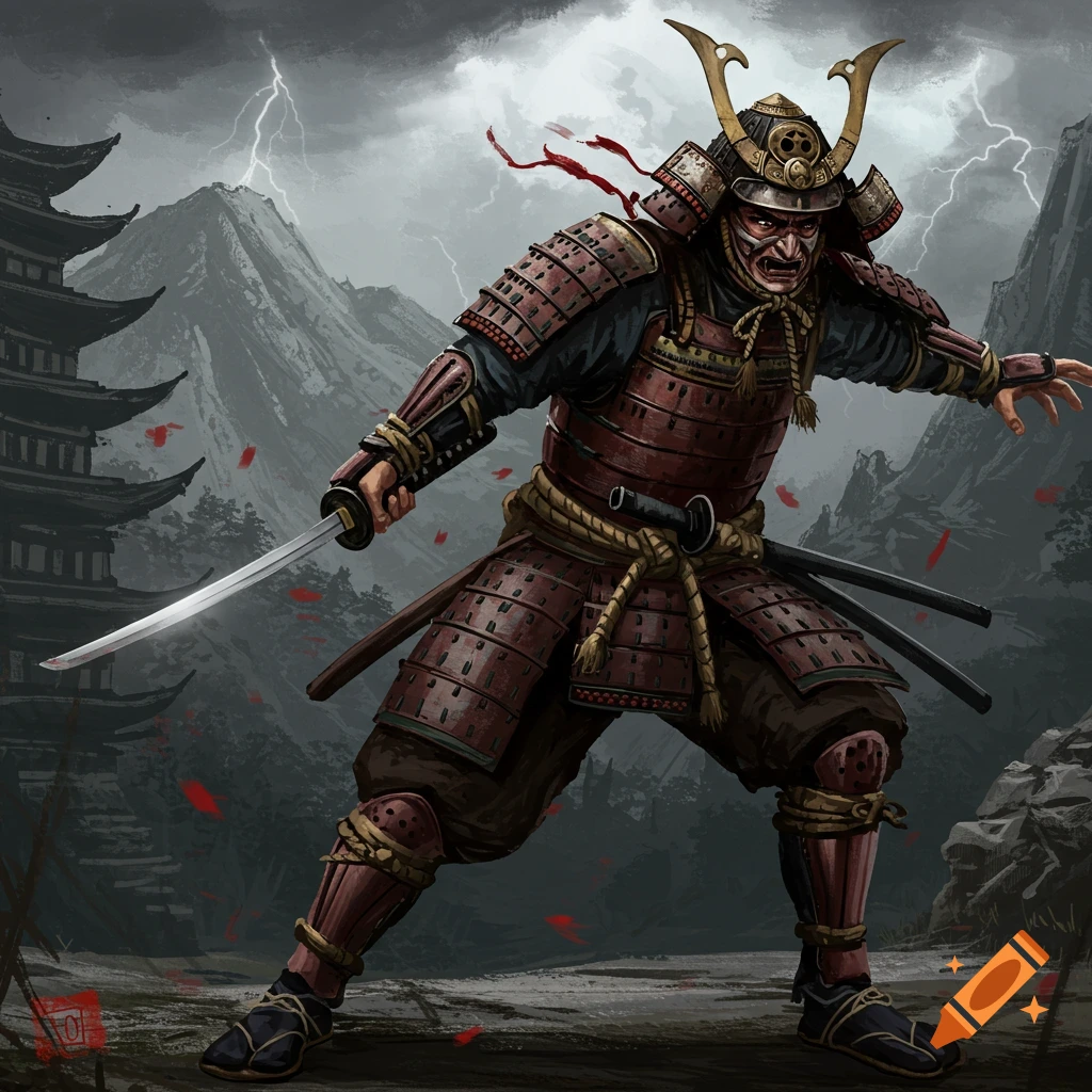 A samurai in red armor holding a sword under a stormy sky.