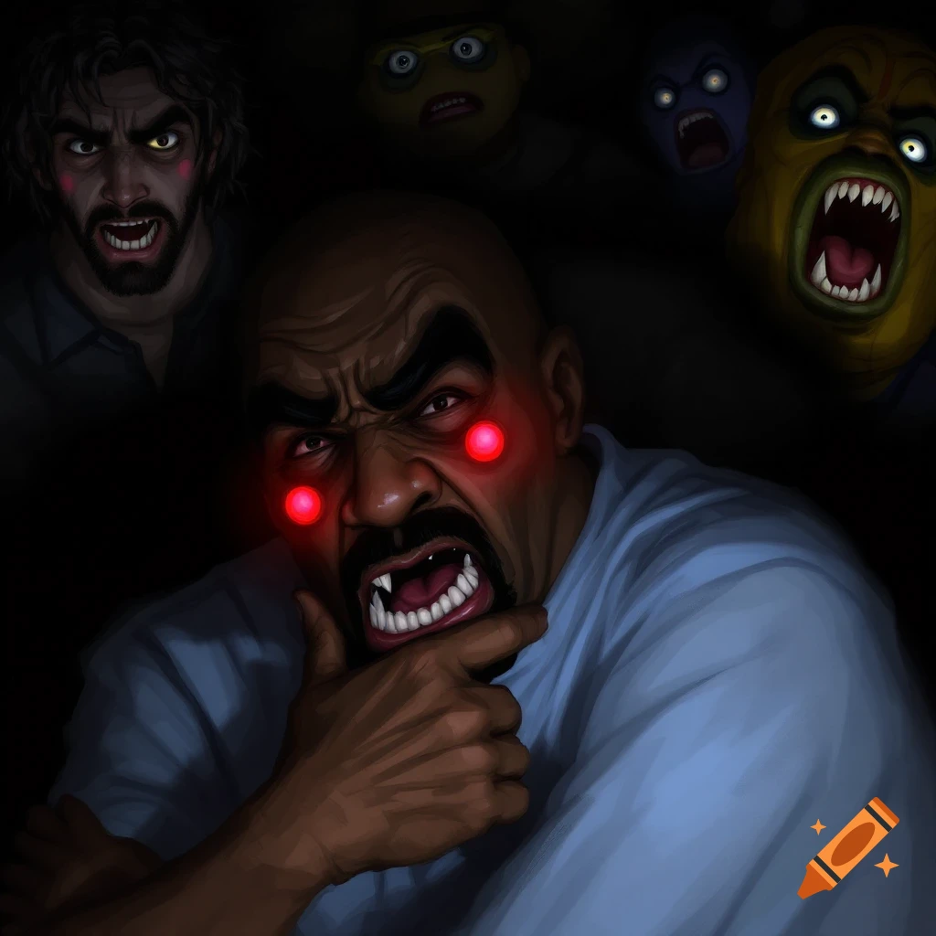 Several creepy, distorted faces with glowing eyes and sharp teeth in the dark.