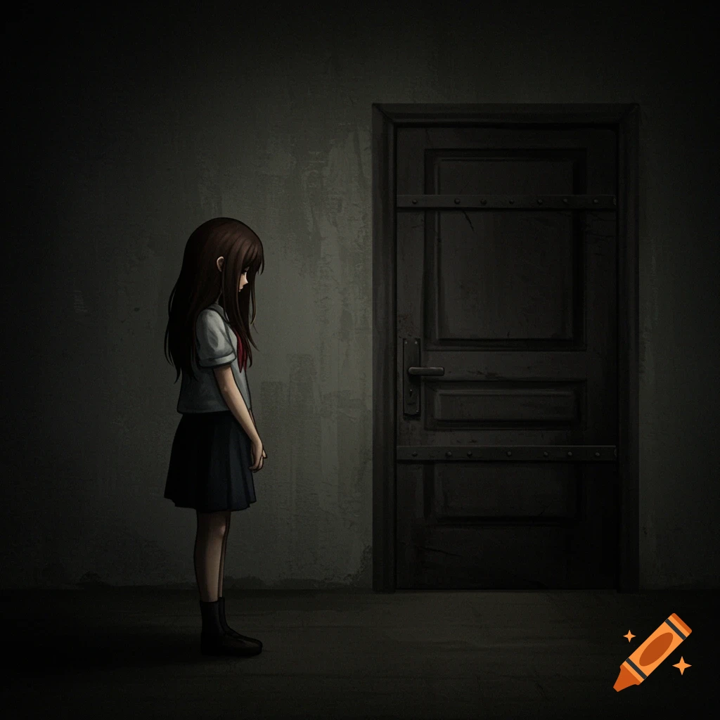 A sad girl stands beside a dark door in a dimly lit room.