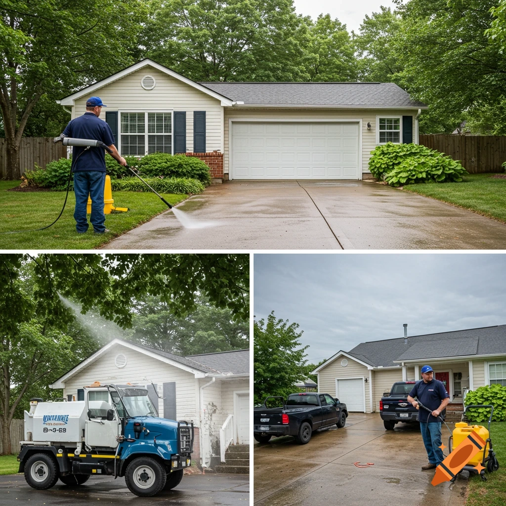 Man power washing a driveway and house, with power washing equipment and trucks visible.