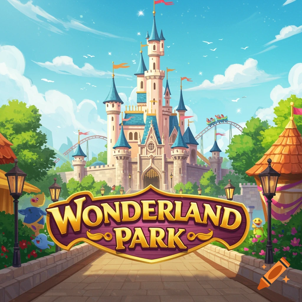 A vibrant cartoon fairytale castle theme park entrance with a 'Wonderland Park' sign.