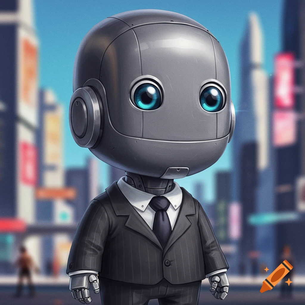 Small metallic robot in a pinstripe suit stands on a city street.