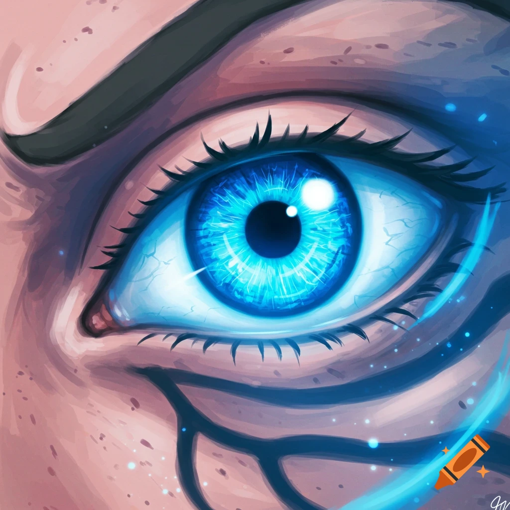 A close-up of a bright blue eye with intricate detail and glowing effects.