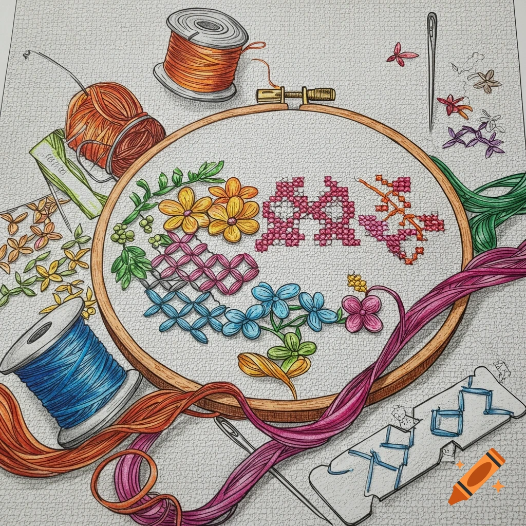 A detailed drawing of cross-stitching supplies, including a hoop with stitched text and flowers, spools of thread, and needles.