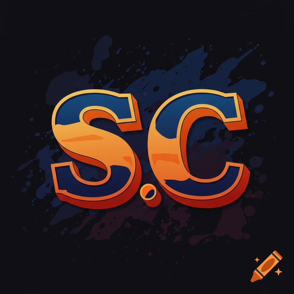 Stylized initials S.C. in orange and blue font with paint splatter background