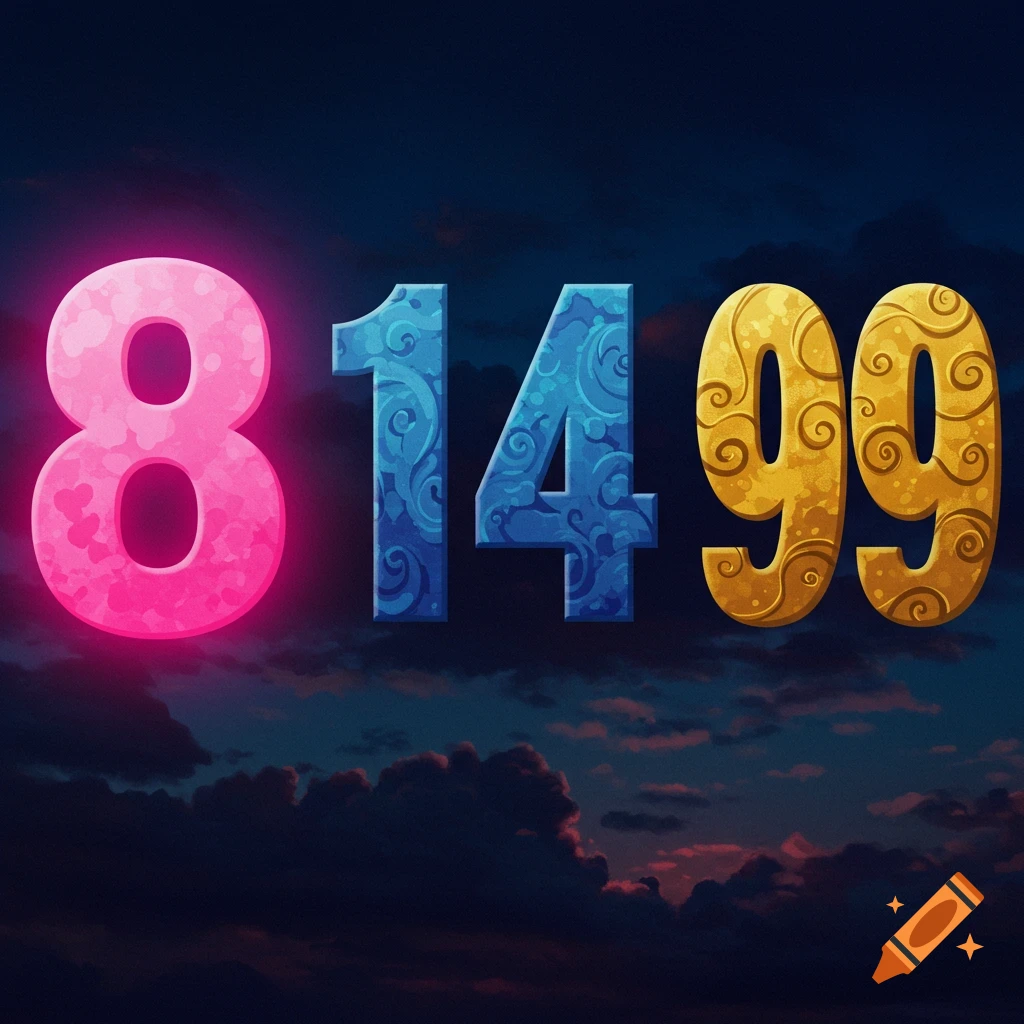 Decorative numbers 8, 14, and 99 against a dark sky background.