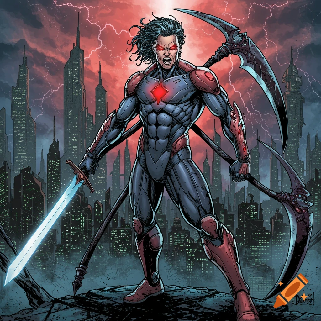 A superhero holding a sword and two scythes against a city backdrop with lightning.