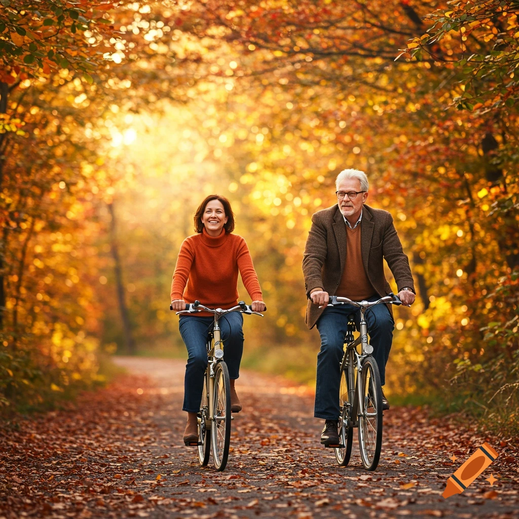 An older man and a woman riding bikes on a path covered in autumn leaves through a forest.