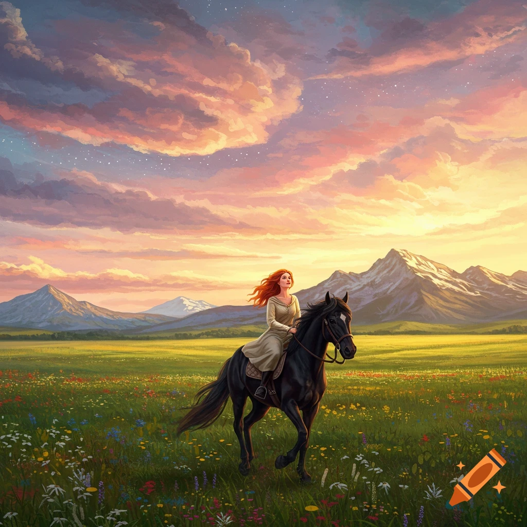 A woman on a black horse rides through a grassy field with mountains under a dramatic, colorful sunset sky.