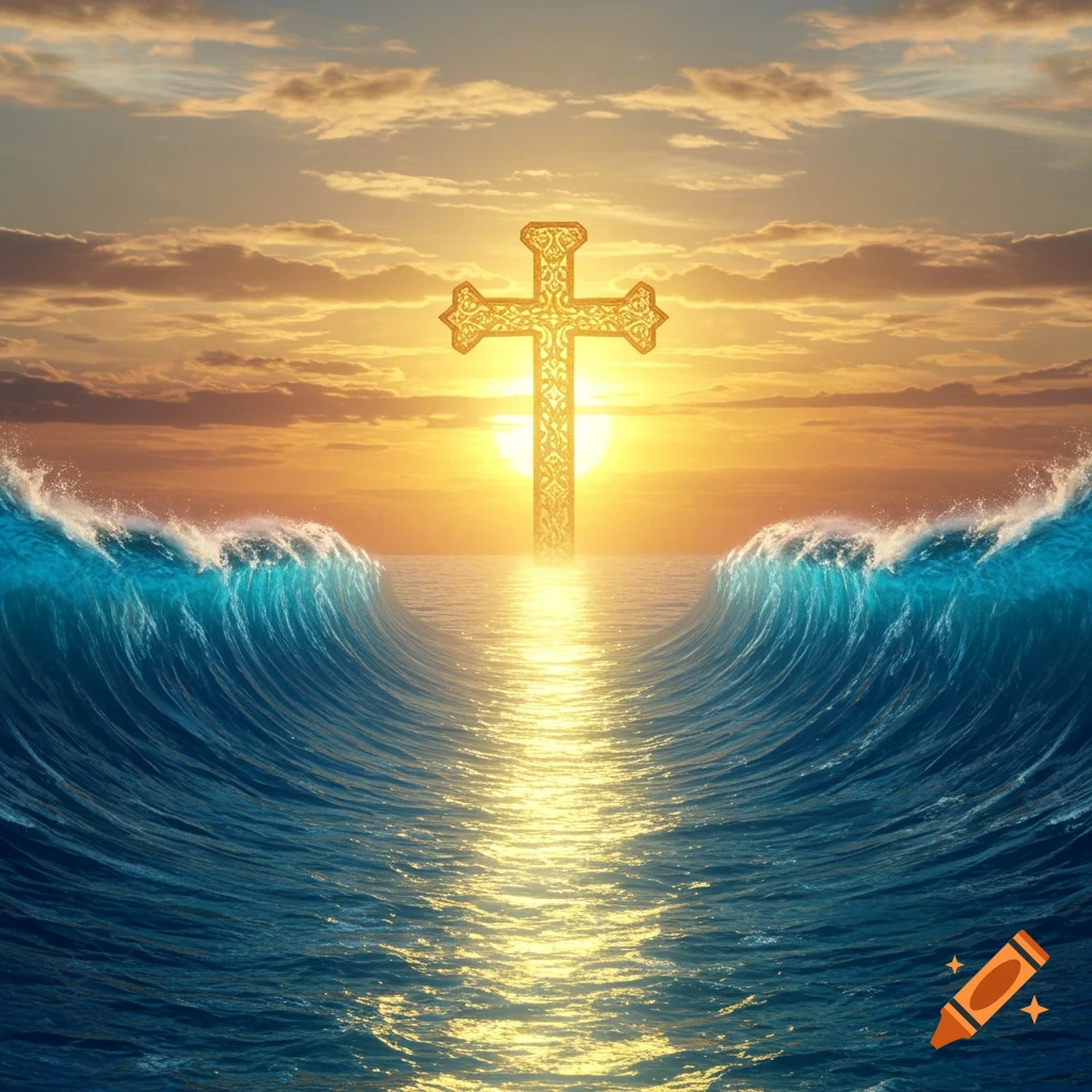 Golden cross rises from parted blue sea at sunset
