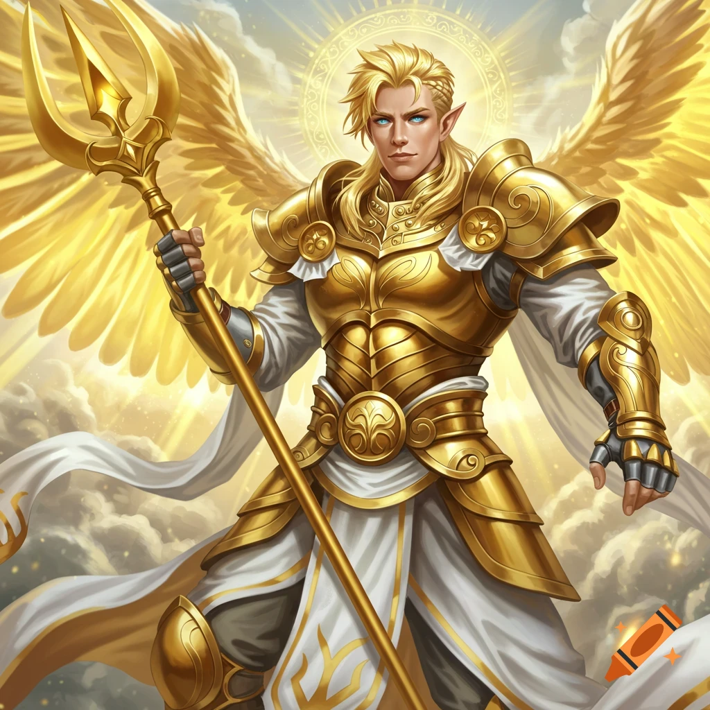 A blonde male warrior in golden armor with wings and a staff stands in clouds.
