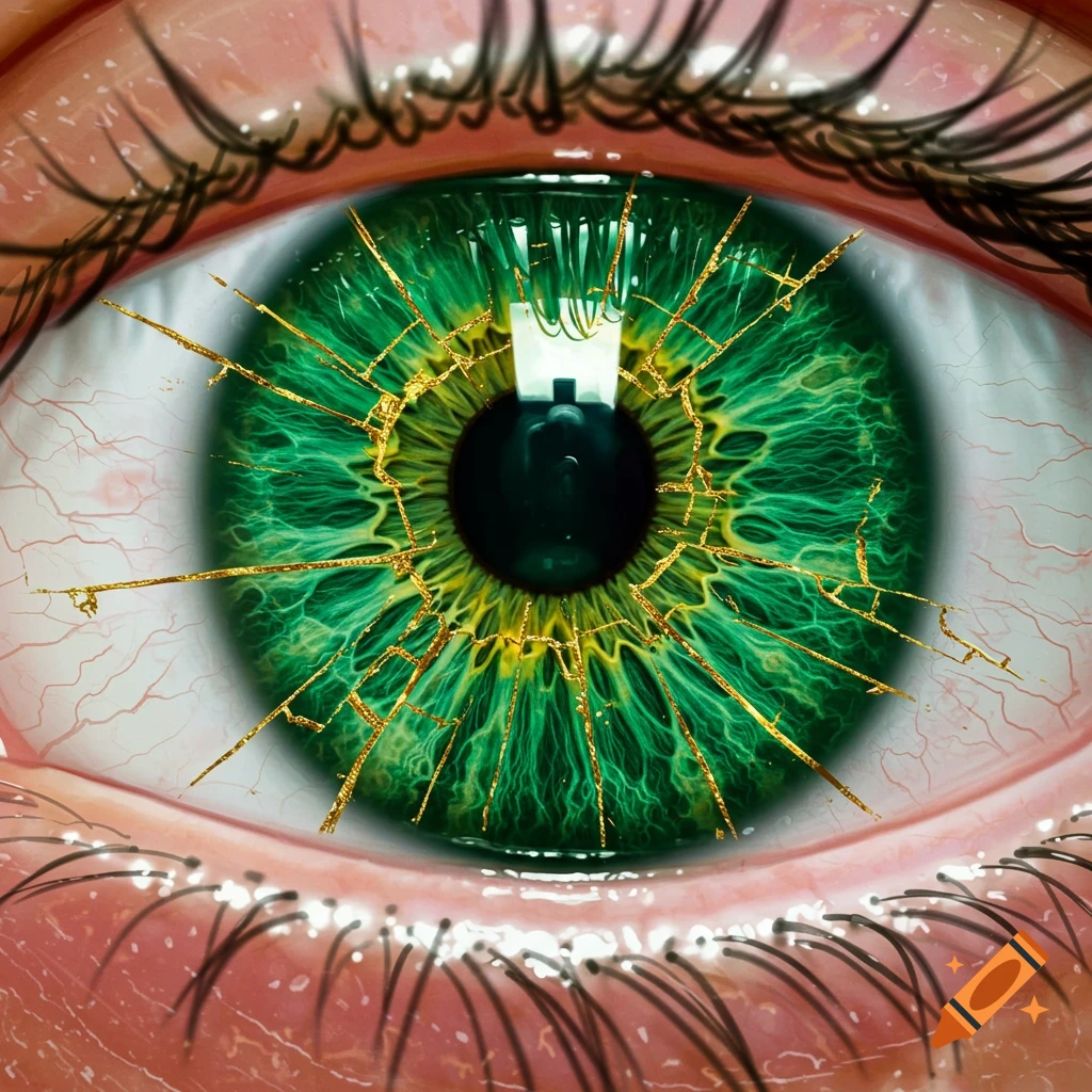 Close-up of a green eye with golden, web-like cracks on the iris.