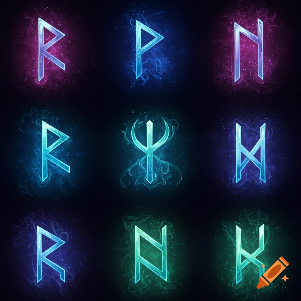 Glowing mystical runes in blue, purple, and green on a dark background.