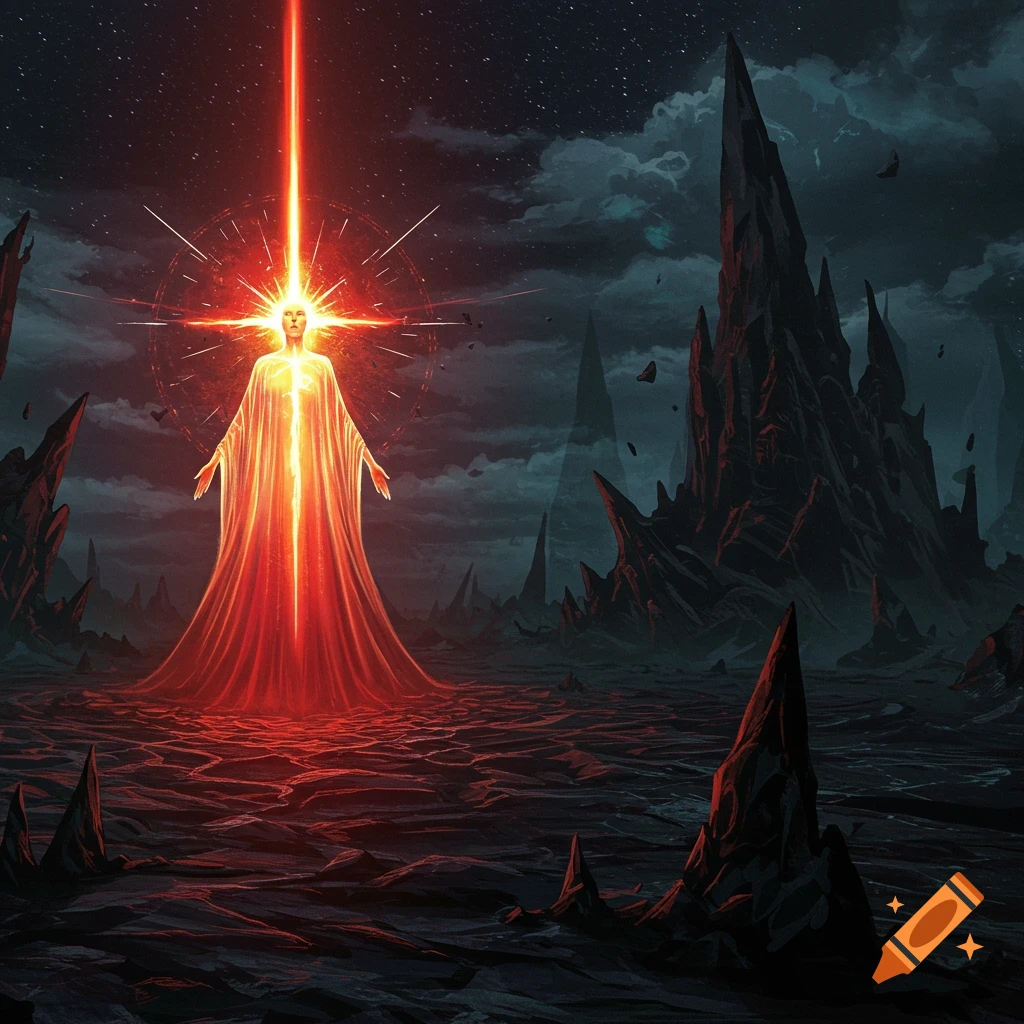 A glowing robed figure standing in a dark, rocky landscape under a starry sky.
