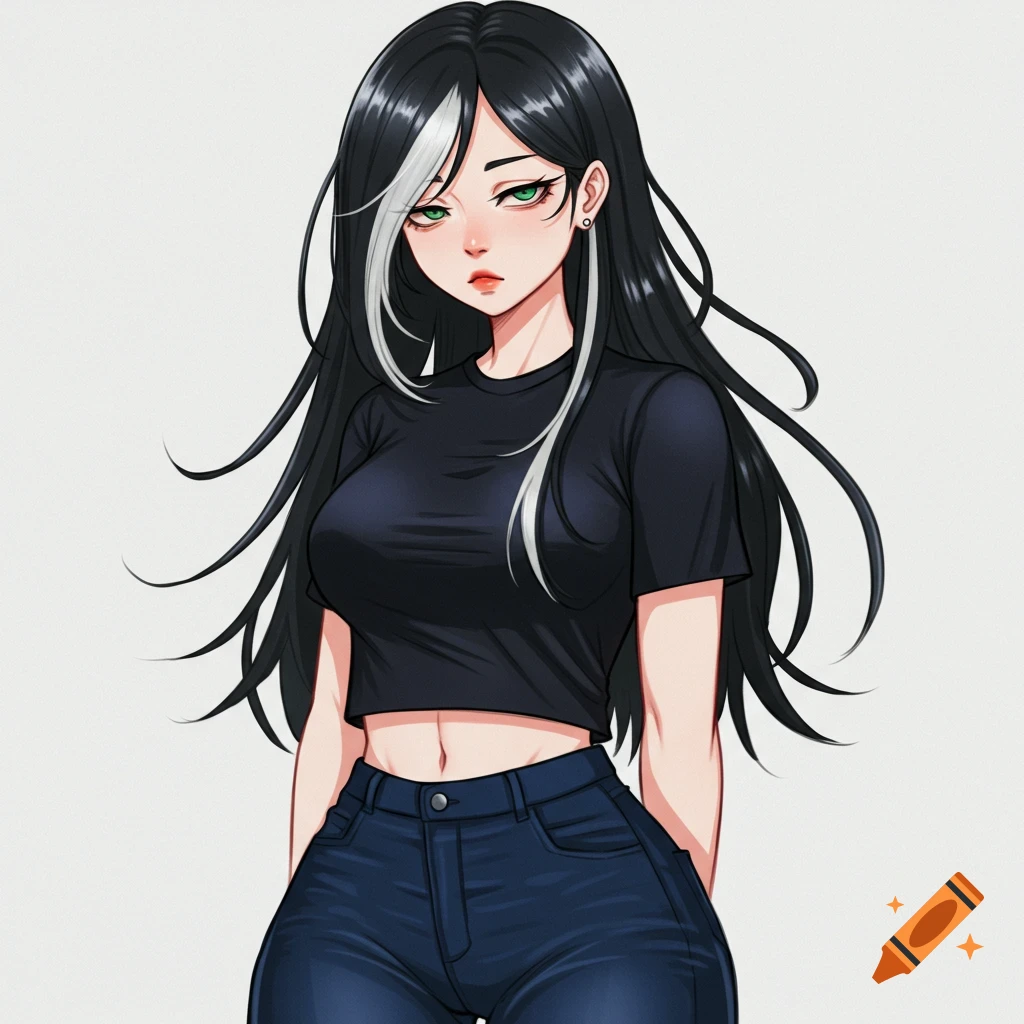 Anime illustration of a woman with long black hair with white streaks, green eyes, wearing a black crop top and jeans.