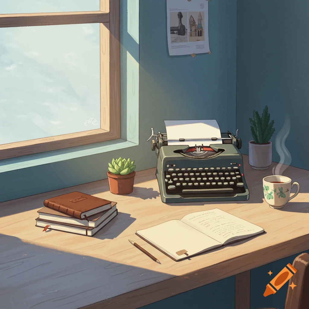 A cozy desk workspace with a typewriter, notebook, books, plants, and sunlight streaming in.