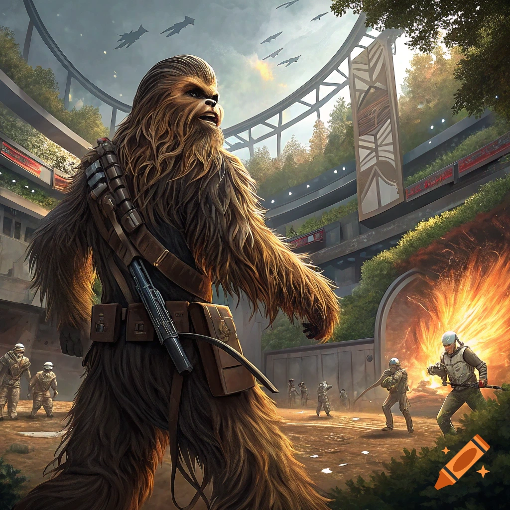 Chewbacca stands in a futuristic arena as soldiers fight and an explosion erupts.