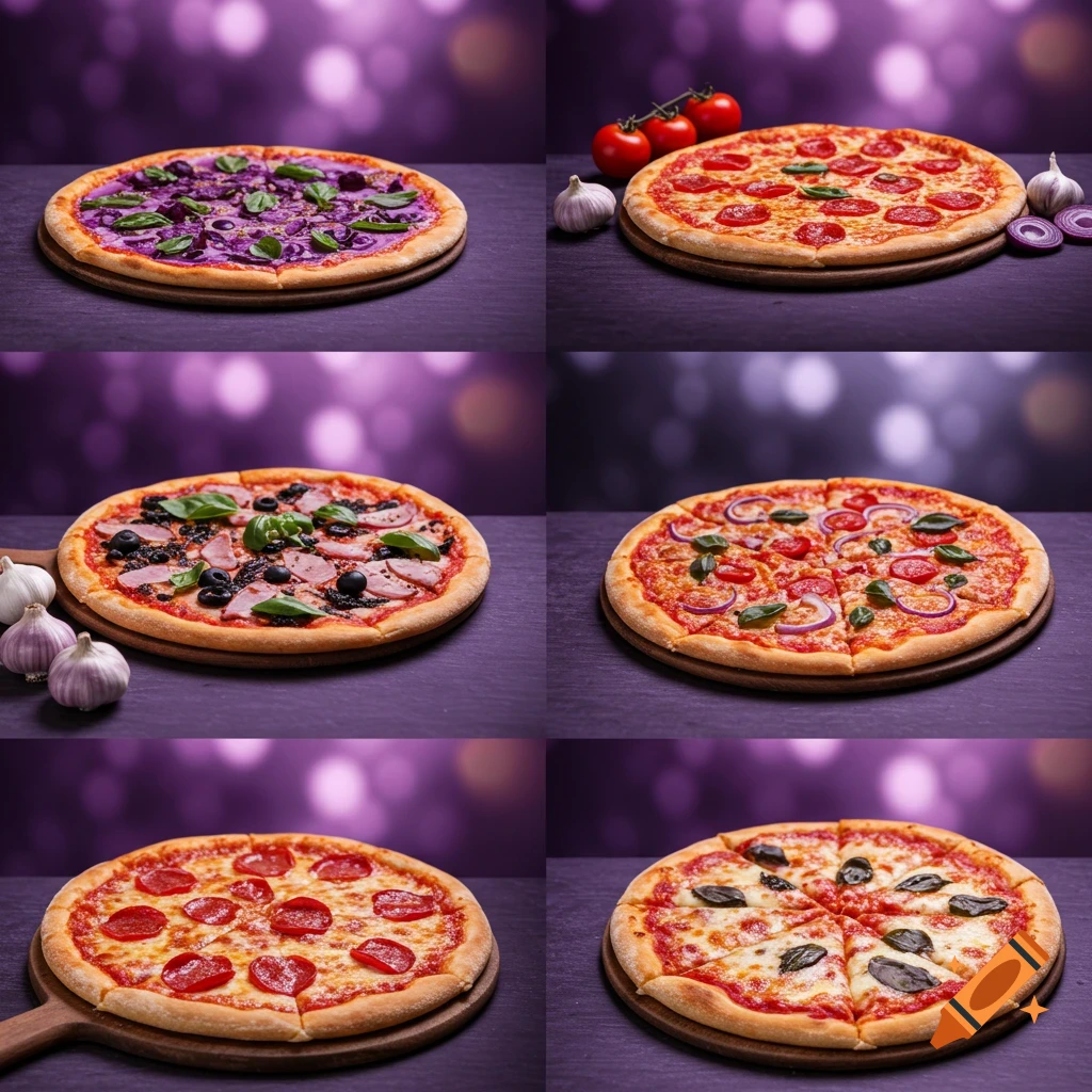 A grid of six different pizzas on a dark surface with a purple bokeh background.