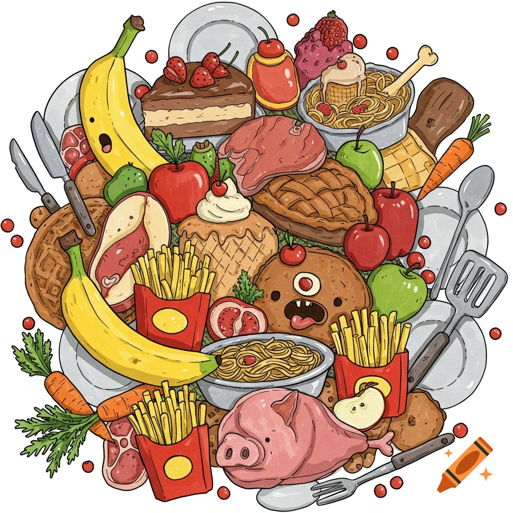 Cartoon illustration of a large pile of various foods including a banana with a face and a food monster.