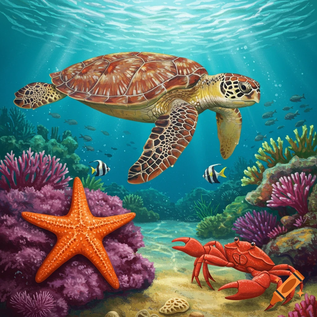 A sea turtle swims over a coral reef with a starfish and crab.