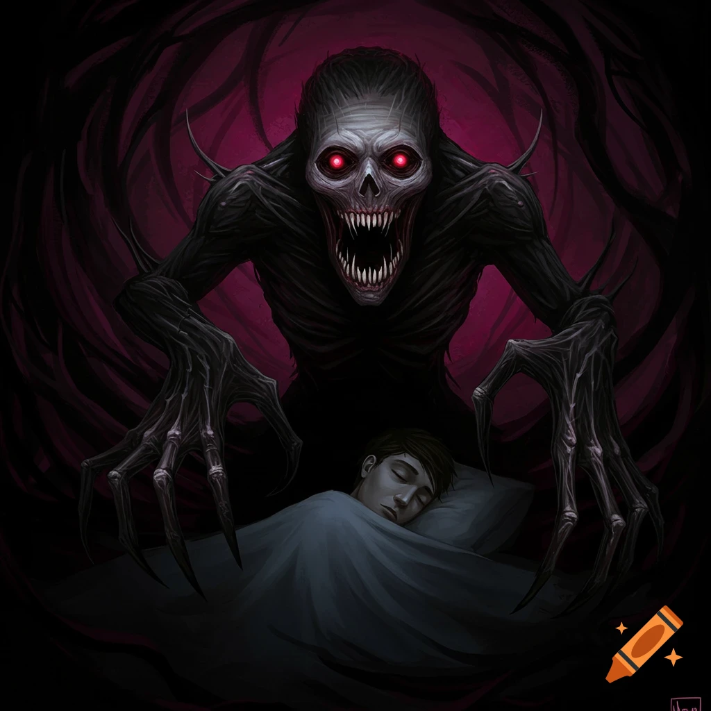 A skeletal monster with red eyes towers over a sleeping person in bed.