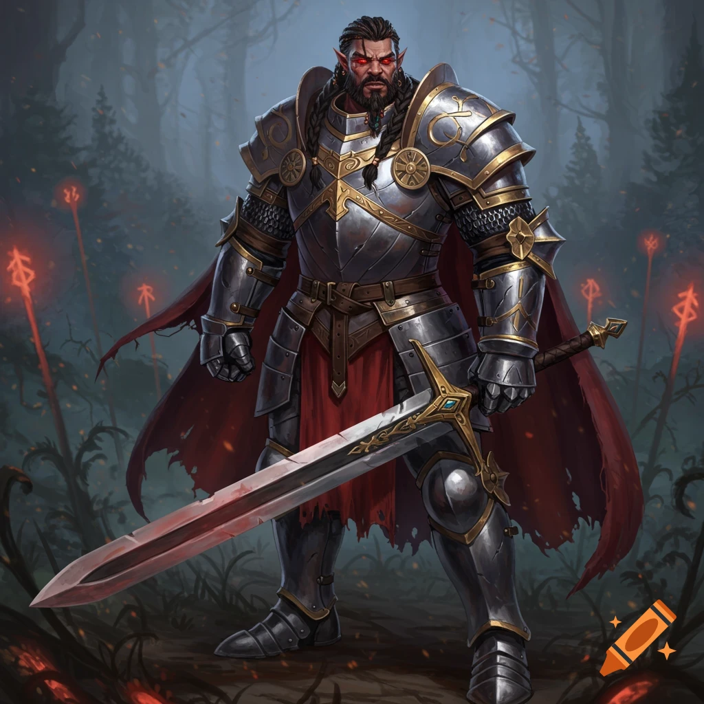 A fantasy knight in heavy armor with glowing red eyes holds a bloodied sword in a forest clearing.