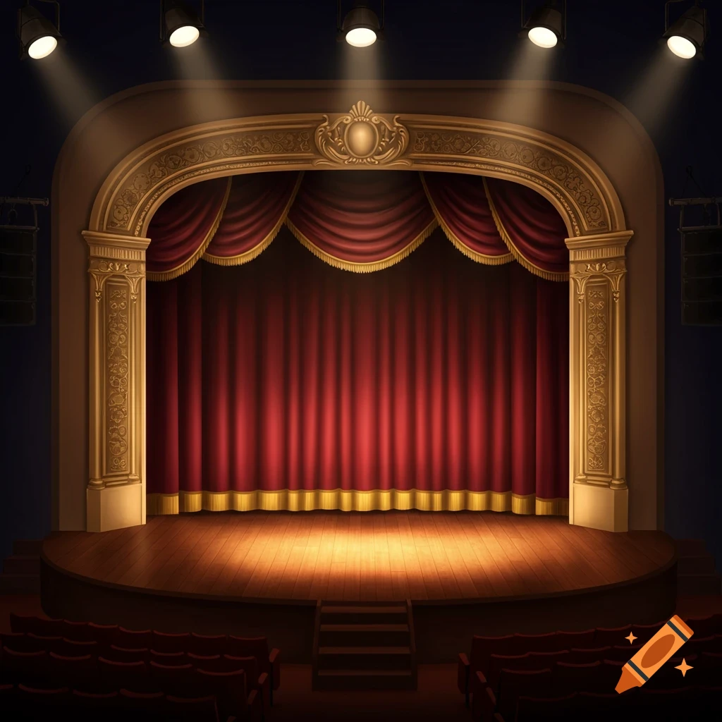 An empty theatre stage with red curtains, golden trim, spotlights, and audience seating.