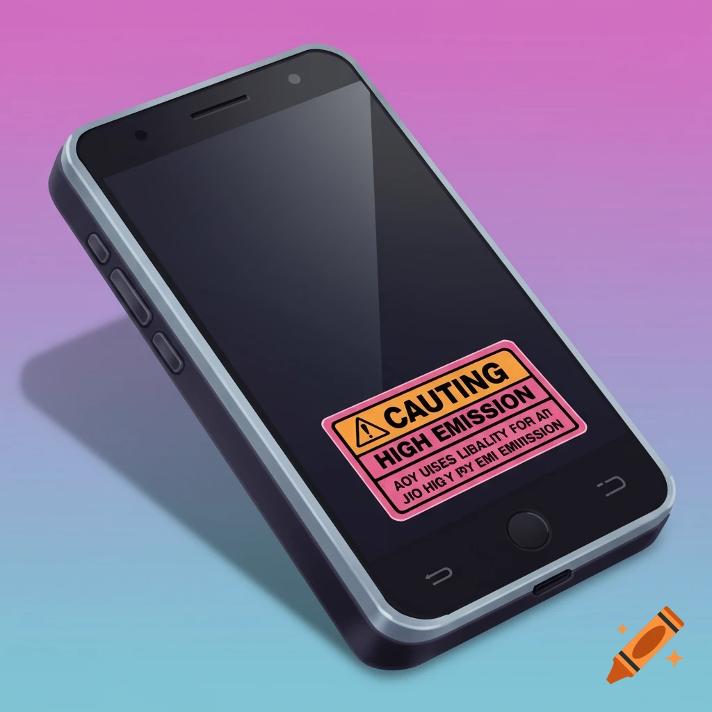 Smartphone with a garbled text warning sticker on the screen.