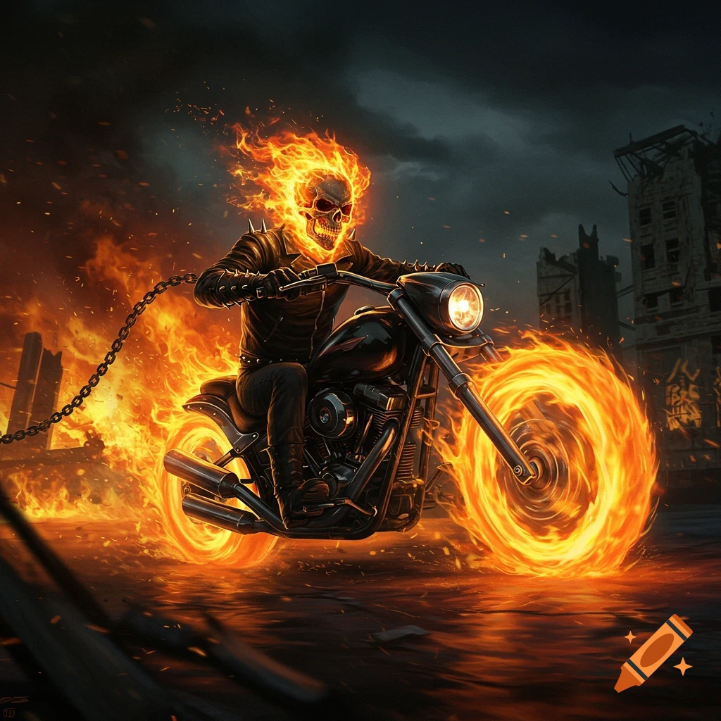 Ghost Rider on a flaming motorcycle rides through a dark, ruined city.
