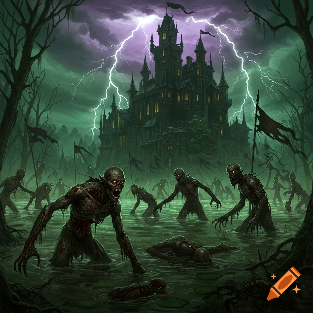 Zombie-like creatures emerge from a dark swamp with a castle under stormy lightning.