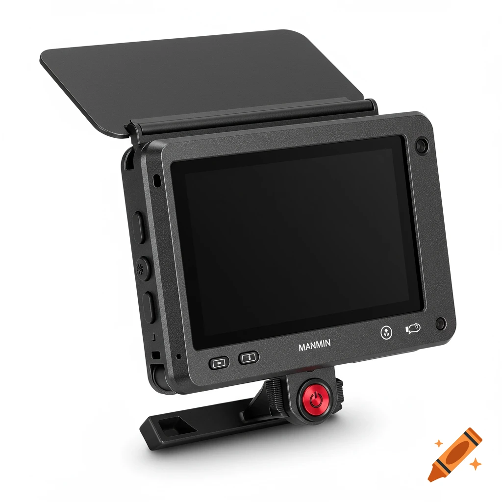 A black camera monitor with a foldable sunshade on a white background. Photorealistic style.
