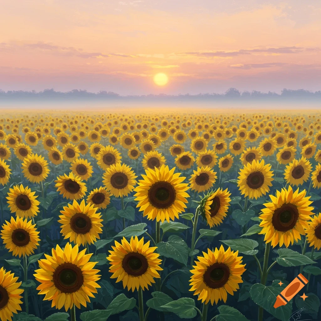 A field of sunflowers bathed in the golden light of dawn.