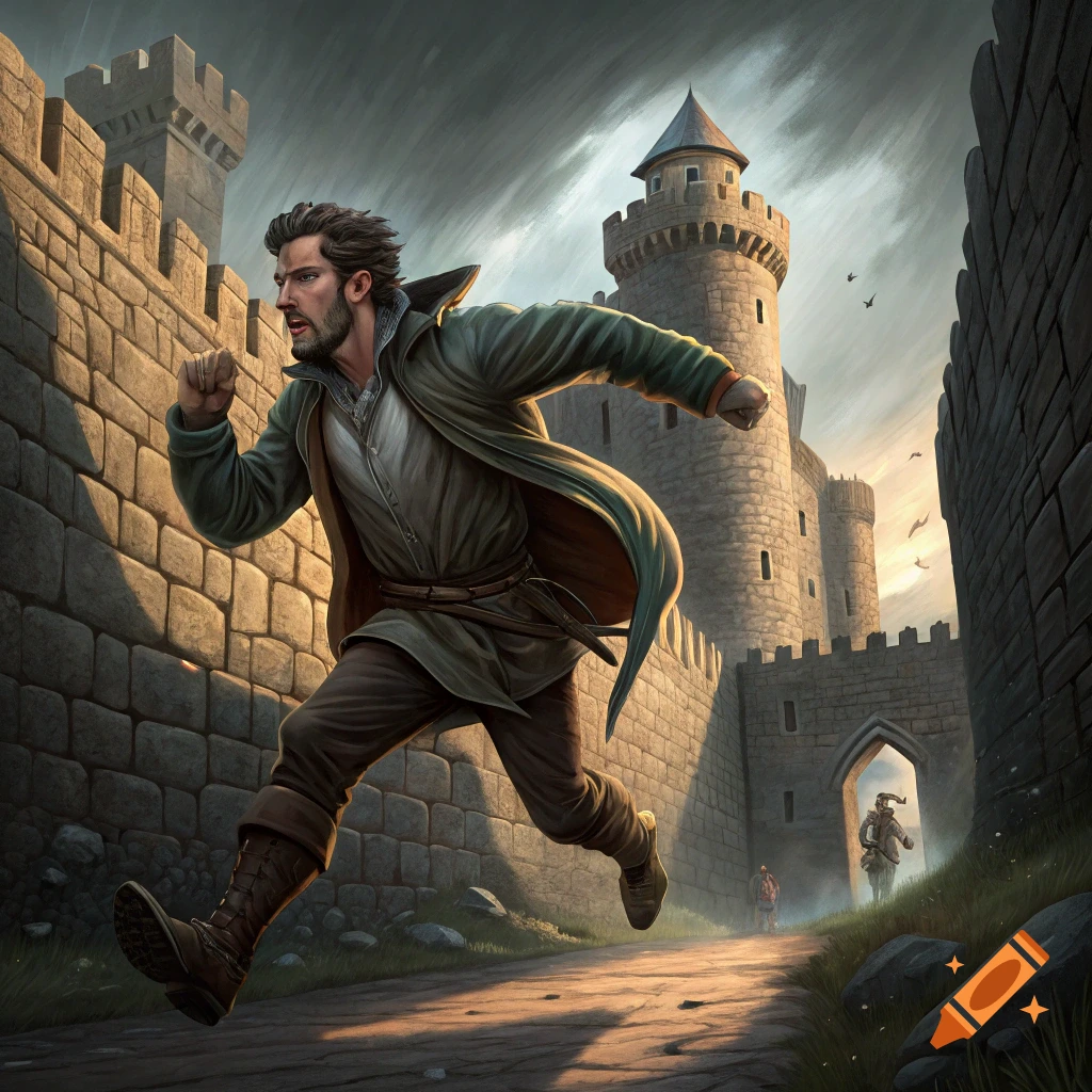 A man runs away from a large castle under a dramatic sky.