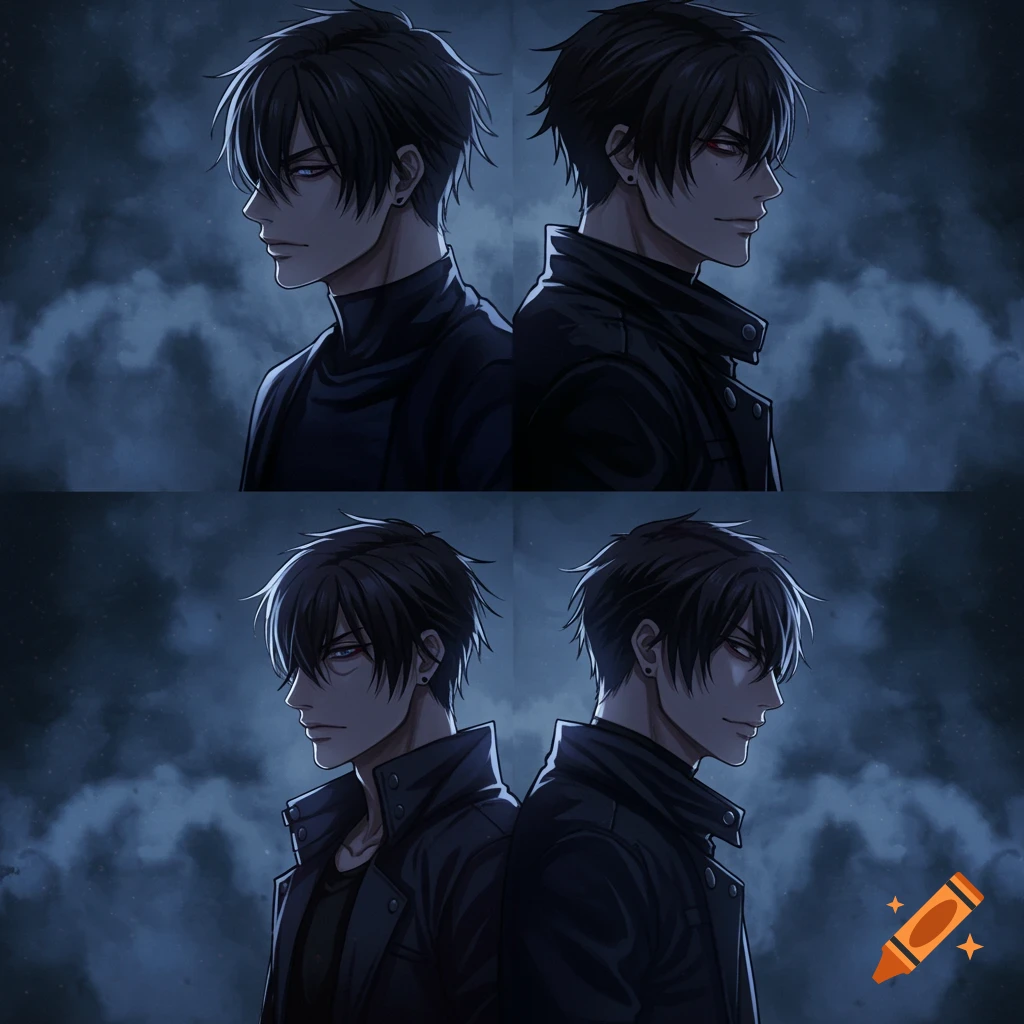 Four anime-style men with dark hair and edgy outfits against a smoky, dark background.