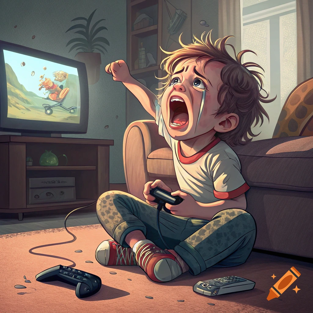 Illustrative style drawing of a crying child holding a game controller while sitting on the floor near a TV.