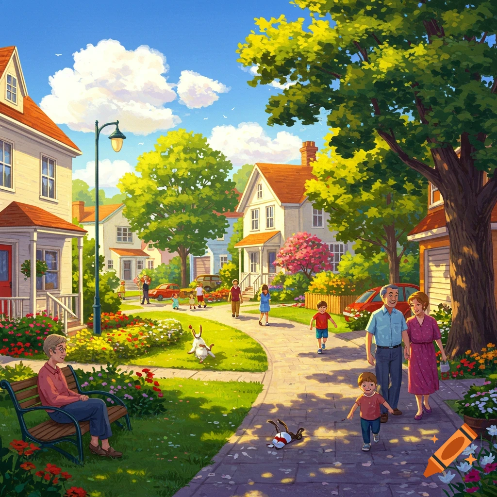 A sunny suburban neighborhood street with people walking and sitting.