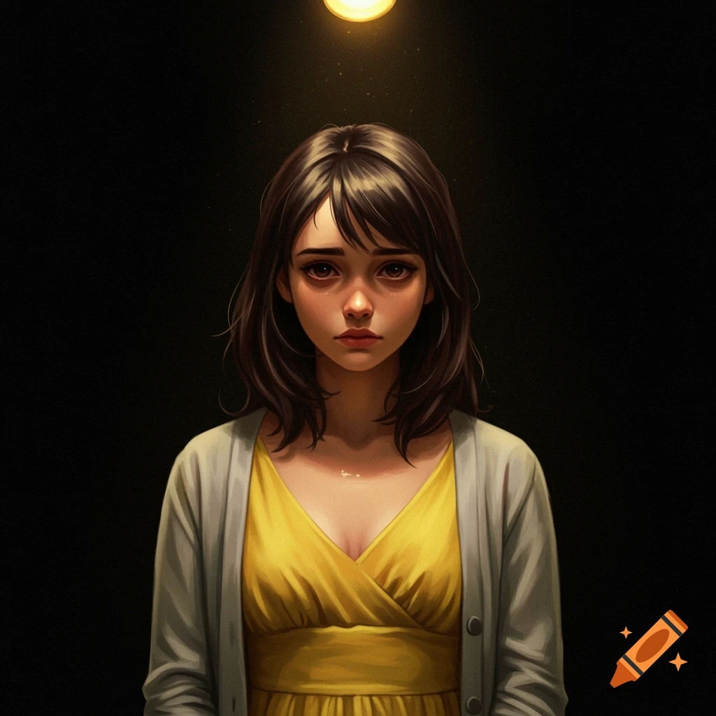 A sad young woman in a yellow dress and gray cardigan, lit by a single spotlight from above.