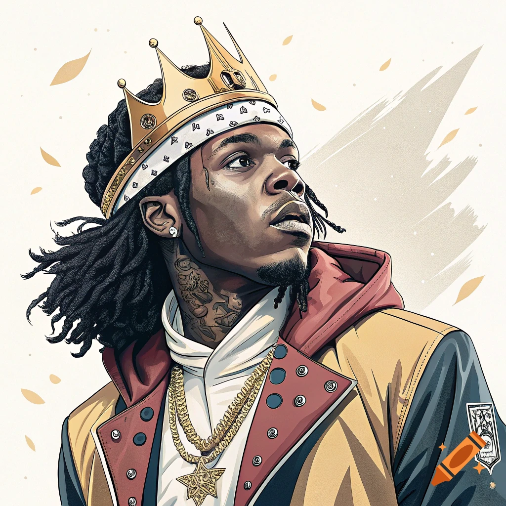 Illustration of a person wearing a crown, bandana, gold chains, and a jacket looking up and to the right.