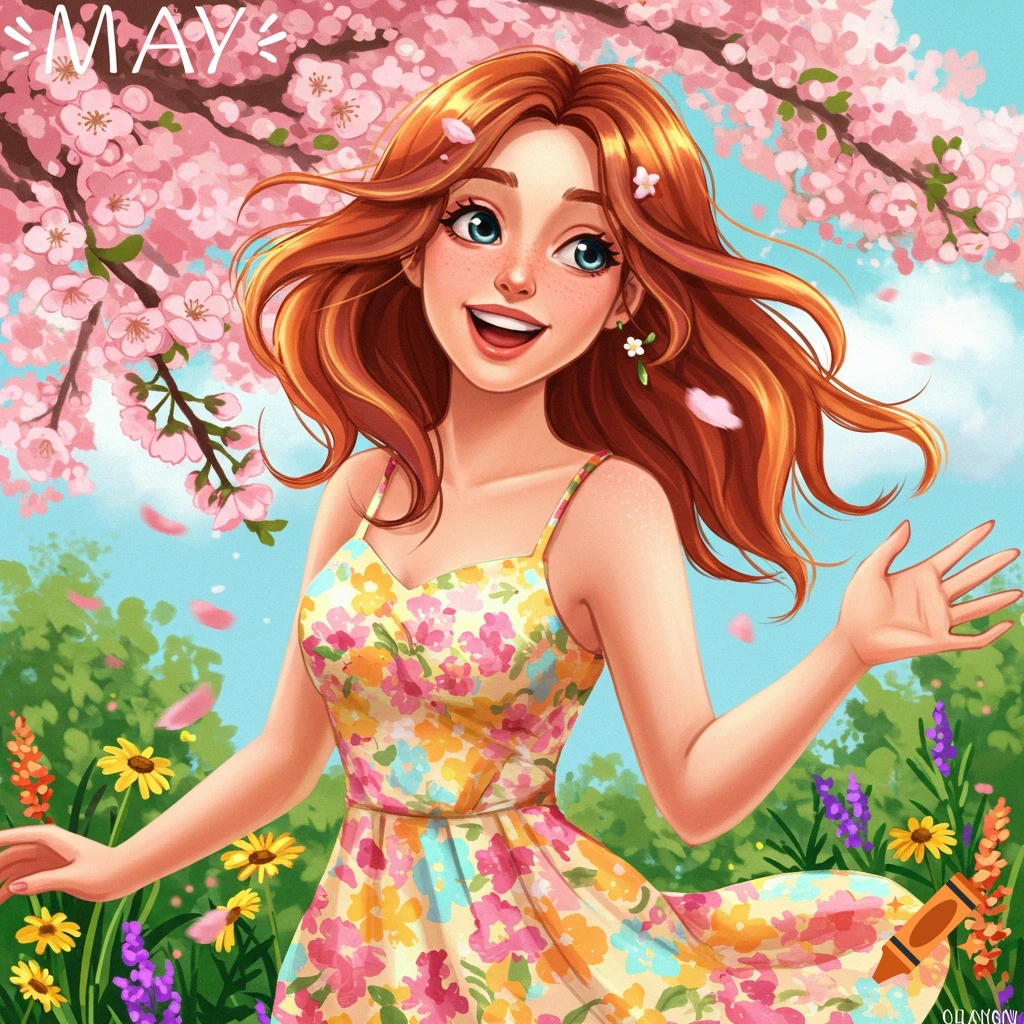 A smiling woman in a floral dress is surrounded by spring flowers and cherry blossoms.