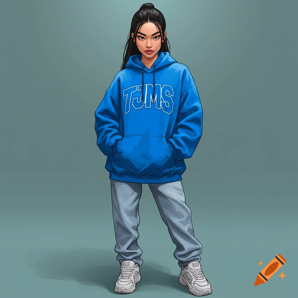 A young person is wearing a blue hoodie that says TJMS and sweatpants.