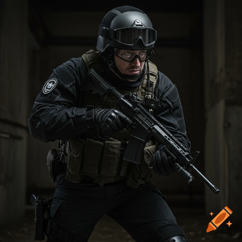 A man in SWAT gear, holding a rifle in a dark, urban environment. Photorealistic style.