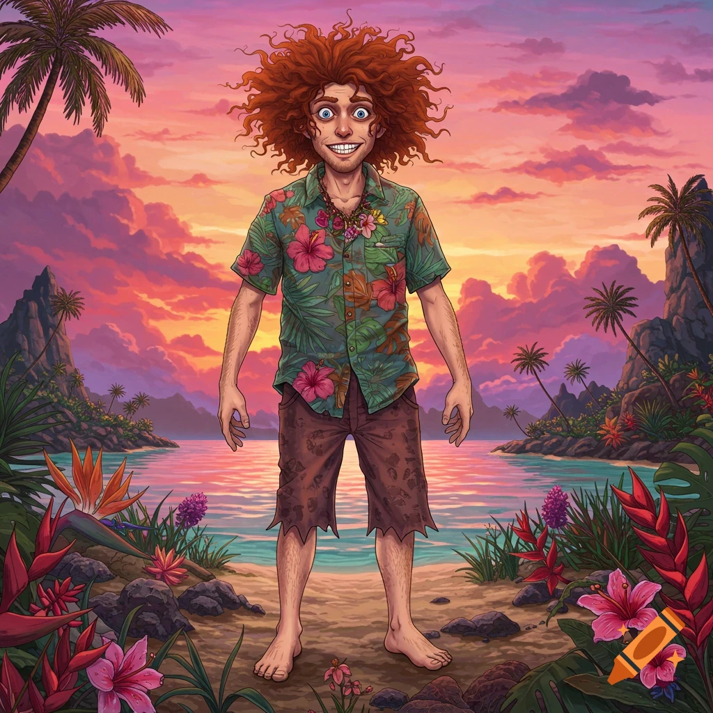 A man with wild red hair stands on a tropical beach at sunset.