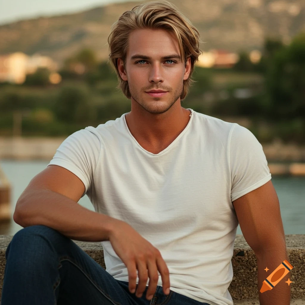 A blonde man in a white t-shirt sits outdoors, looking at the camera.