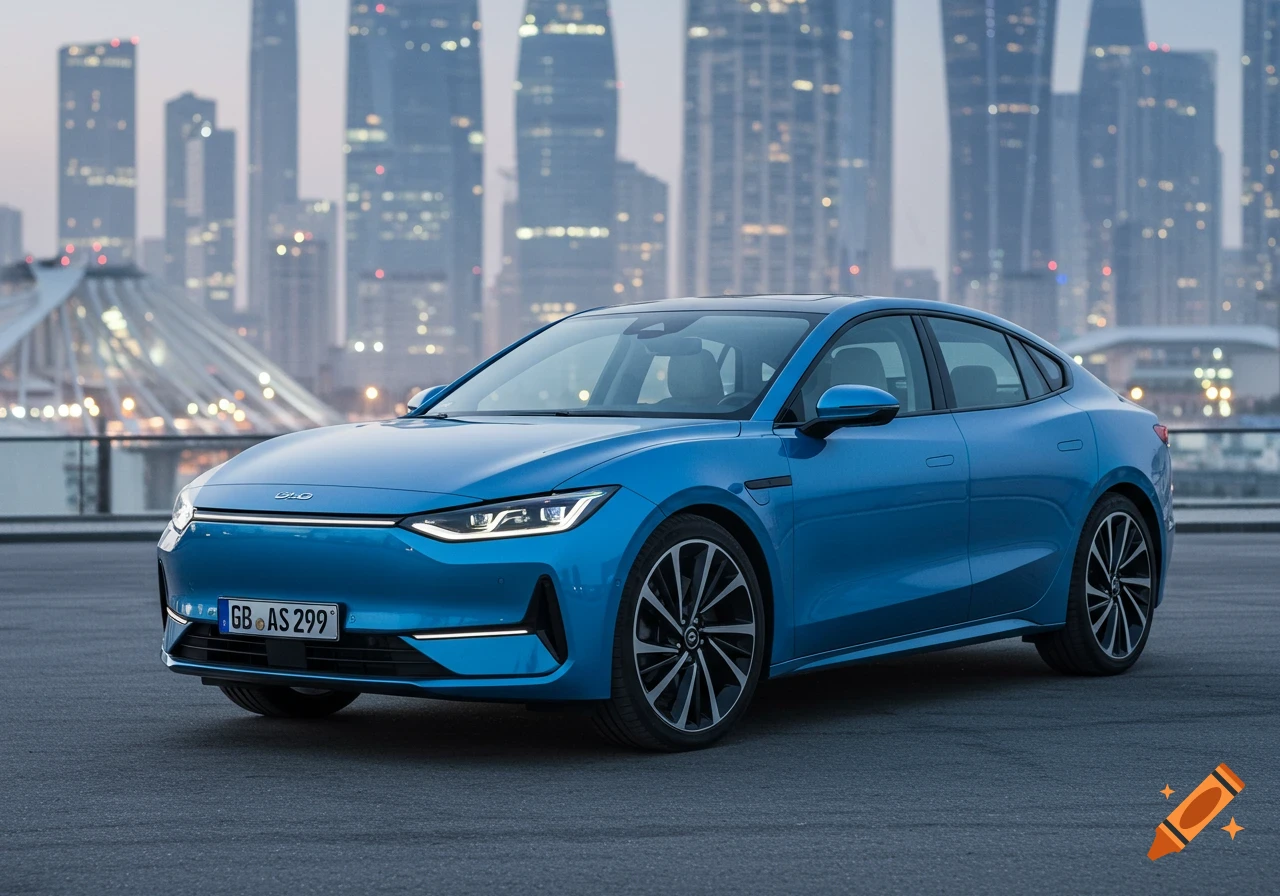 A blue sedan car parked with a city skyline in the background.
