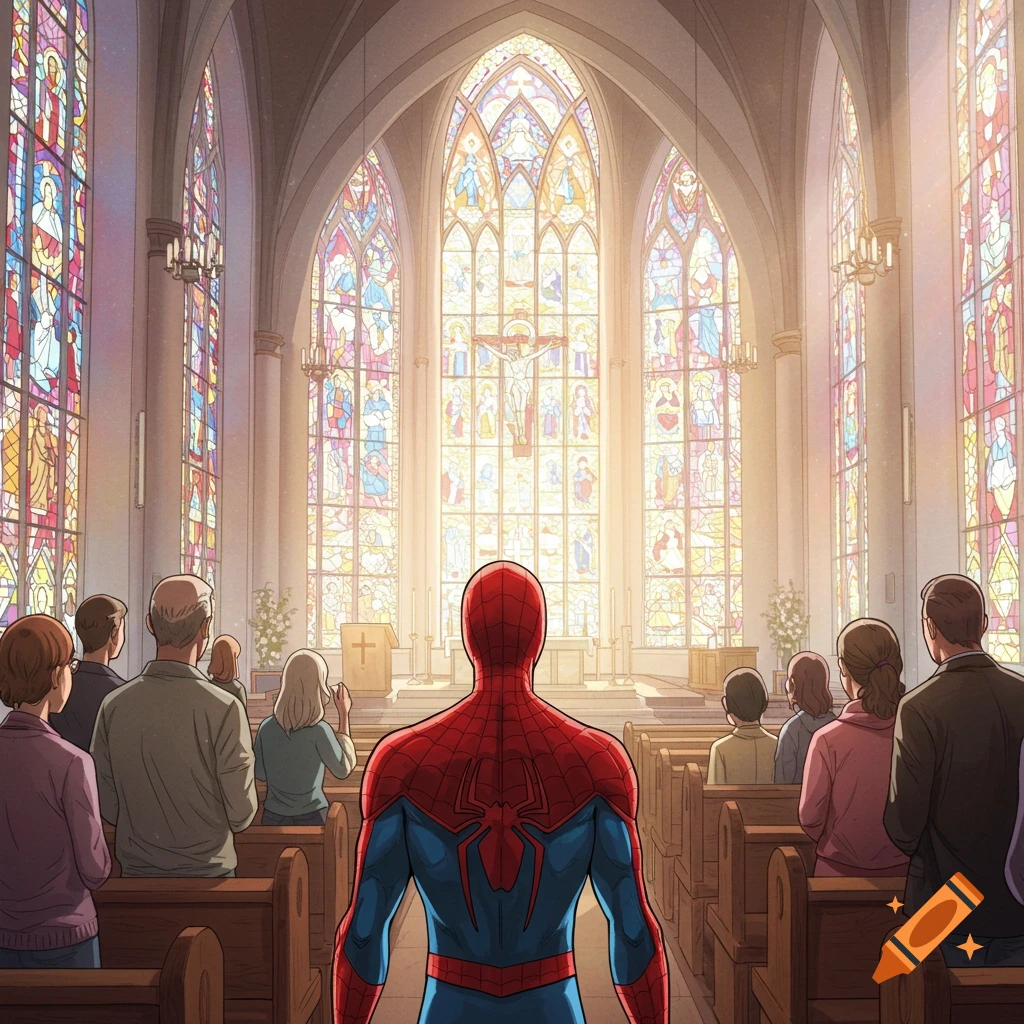 Spider-Man stands in a church pew, looking toward the altar and bright stained glass windows. Other figures are seated in the pews. Digital art.