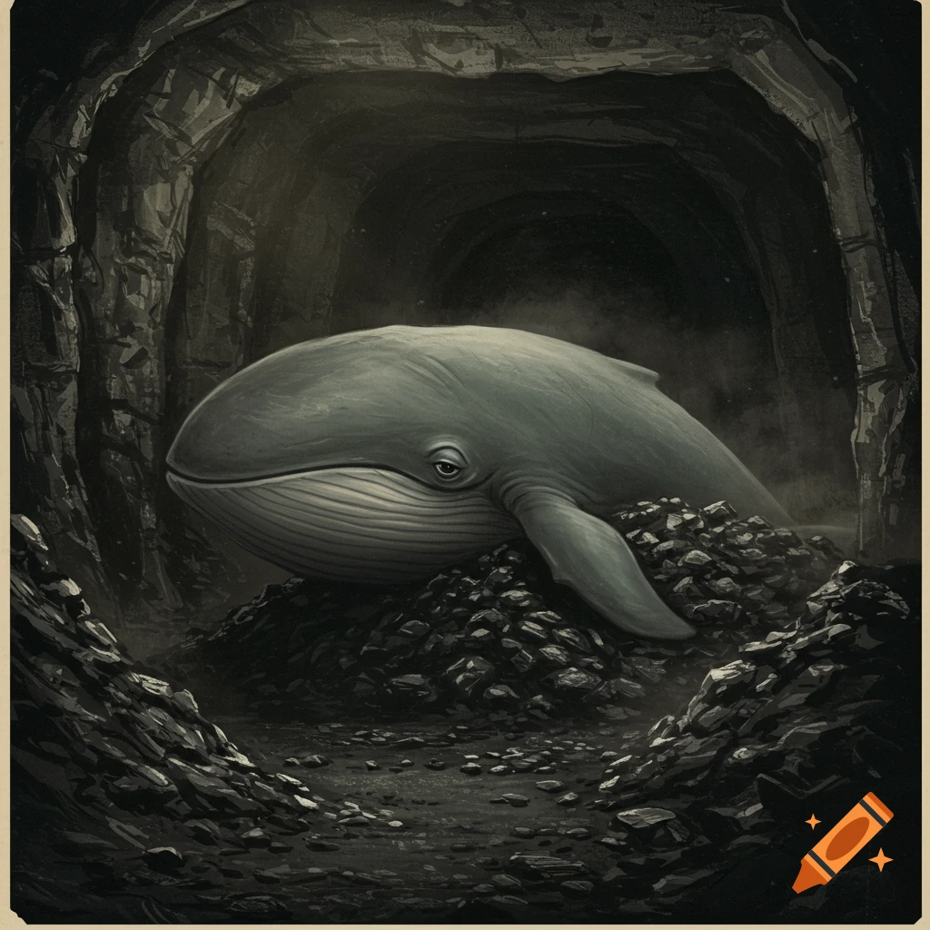 A sad whale lying in a dark cave or mine.