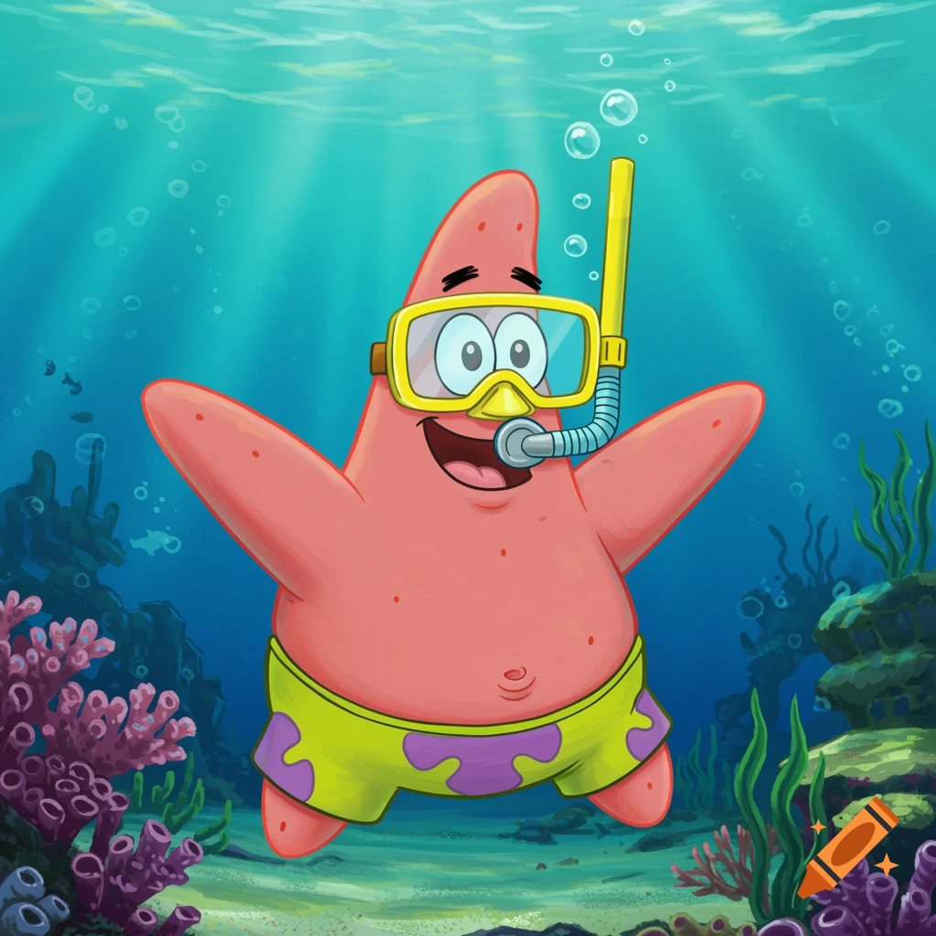 Patrick Star underwater with snorkel and goggles, smiling among coral.