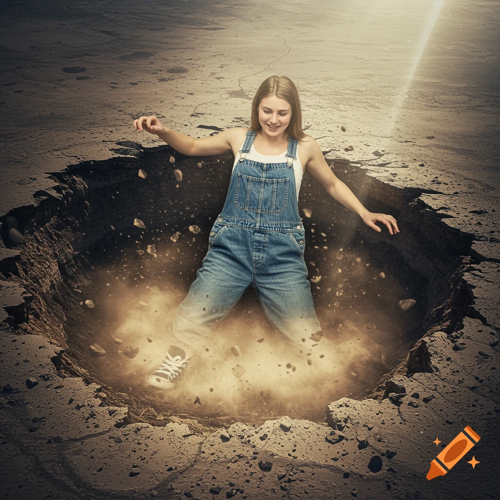 Woman in overalls falls into a huge crater in the ground with debris and dust.
