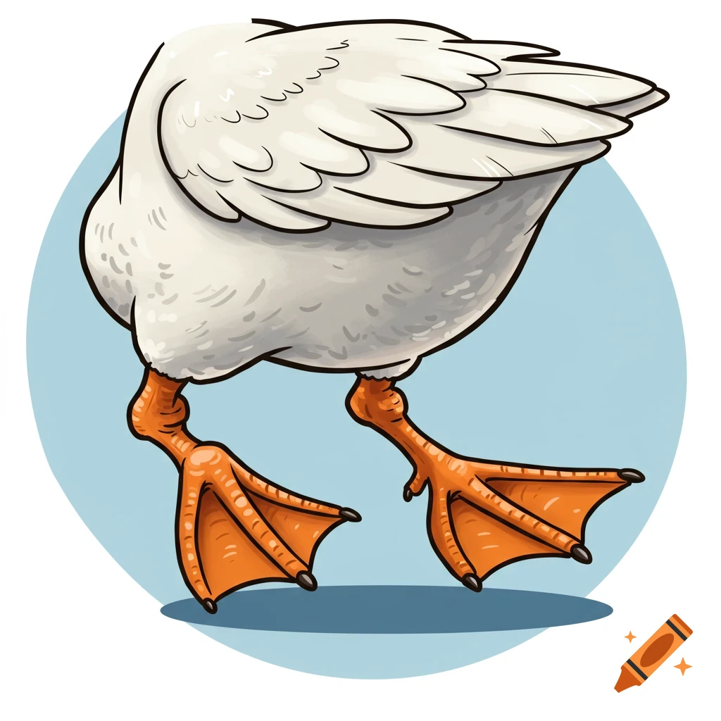 Cartoon drawing of a goose's body and webbed orange feet against a blue circle background.