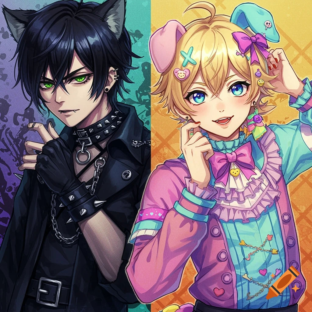 Anime illustration of a goth cat boy and a decora puppy boy.